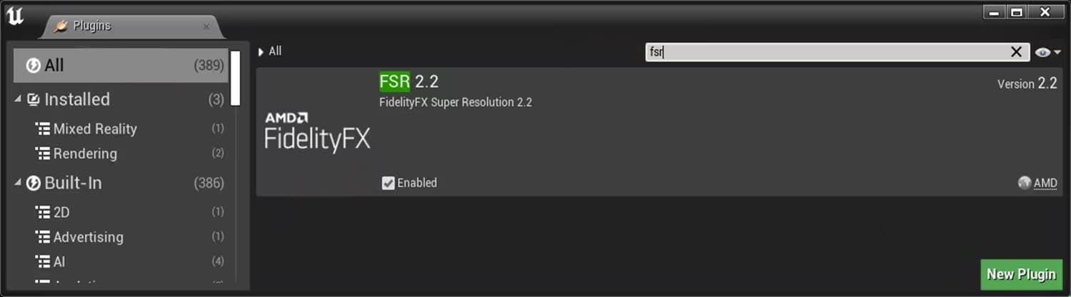 Unreal Engine FSR plugin 2.2 locate the plugin screenshot